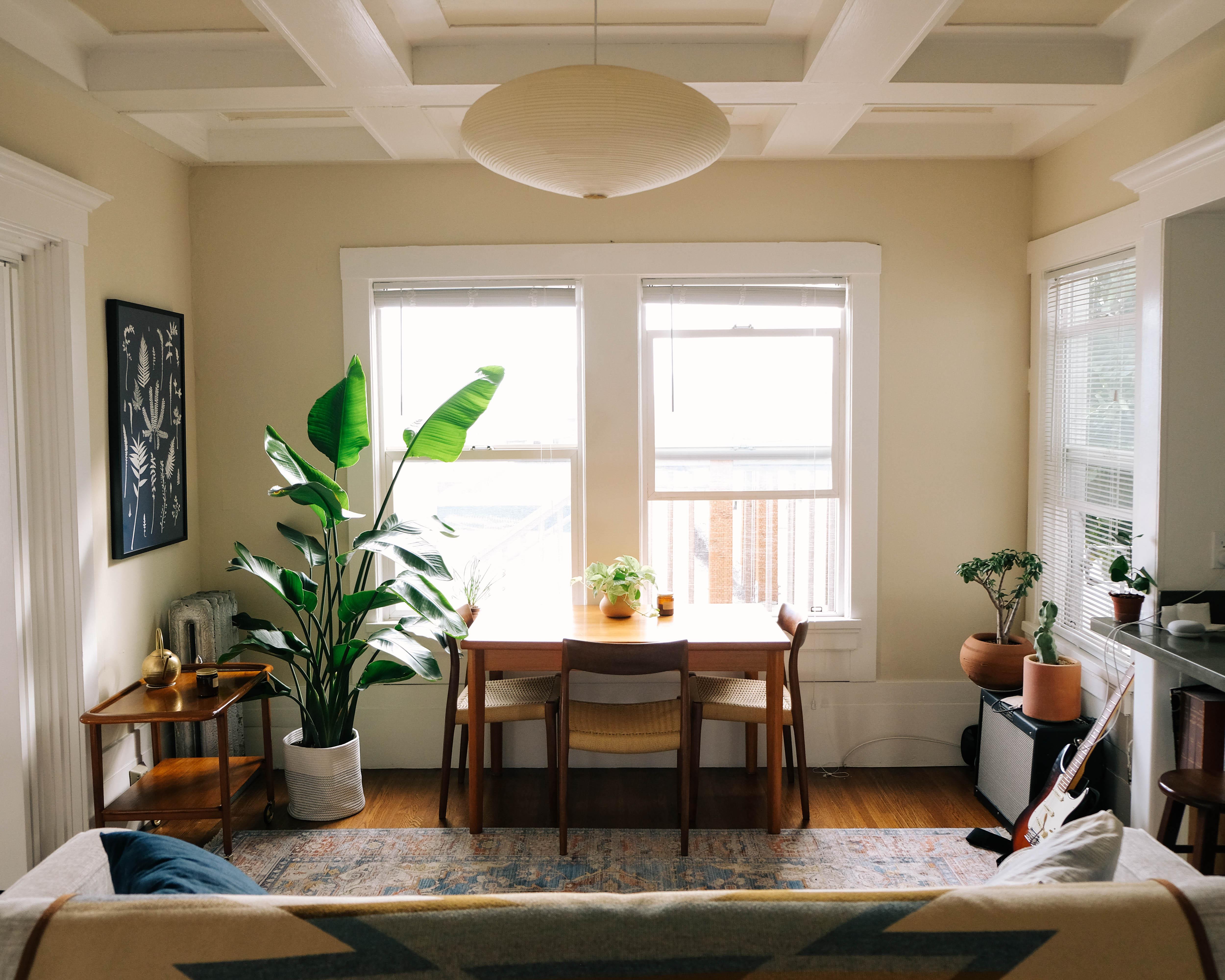 This vintage-inspired living space boasts a stunning collection of mid-century modern furniture, including restored Neils Moller chairs and a vintage Danish tallboy dresser. The space is adorned with lush greenery, including a towering rubber tree and a variety of low-maintenance plants. The natural light floods the space, highlighting the vintage Persian and Navajo rugs and the handmade tree ring prints. The overall effect is a warm and inviting space that seamlessly blends vintage and modern elements. /2022_06_03_v41hku/017jgat39f391.jpg